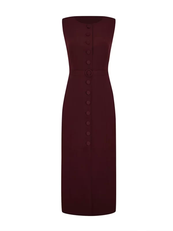 Elegant Single Breasted Tank Dress Women Belts Sleeveless O-neck Slim Solid 2025 Spring Dresses Commute Street Split Lady Robe - Image 6